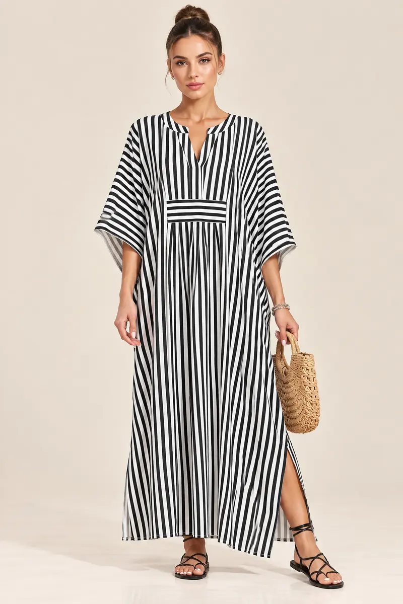 Women Striped Print Kaftan Dresses Plus Size Moomoo with Pockets