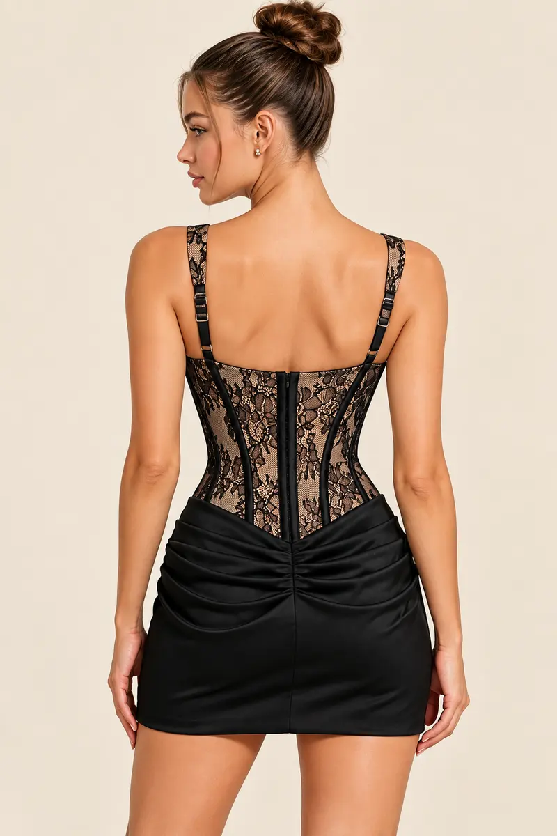 Women‘s Floral Lace Boning Corset Mini Dress Sexy Lace Up Bodycon Prom Dress